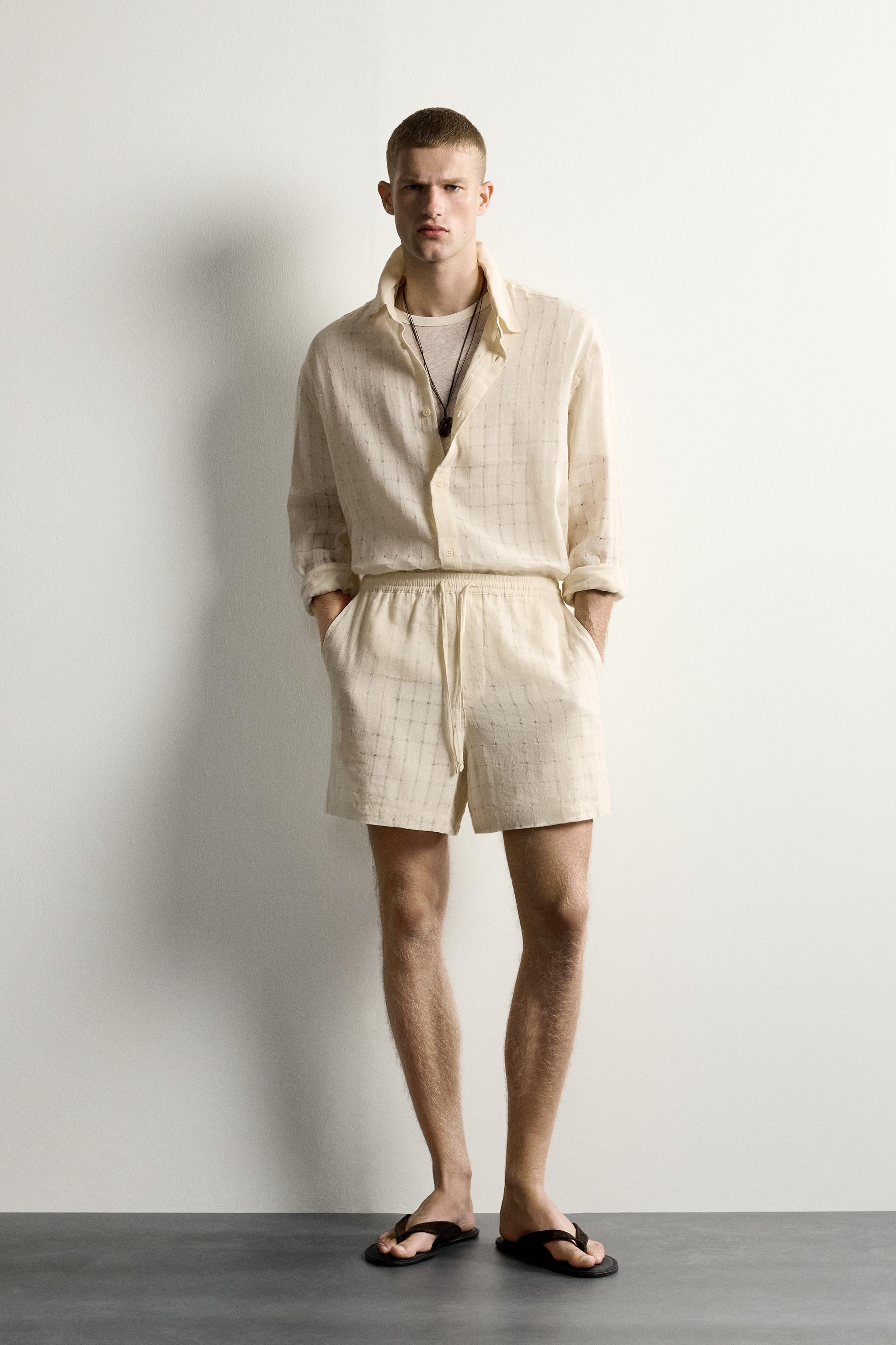 LINEN COTTON BLEND CHECKERED JACQUARD SHORTS